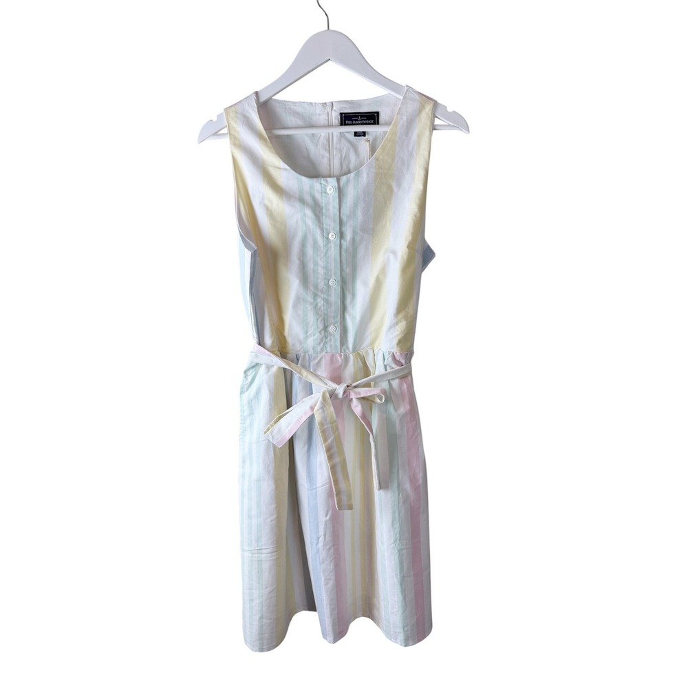 Kiel James Patrick Pastel Stripe Cotton Sleeveless Belted Dress Size 14 NWT